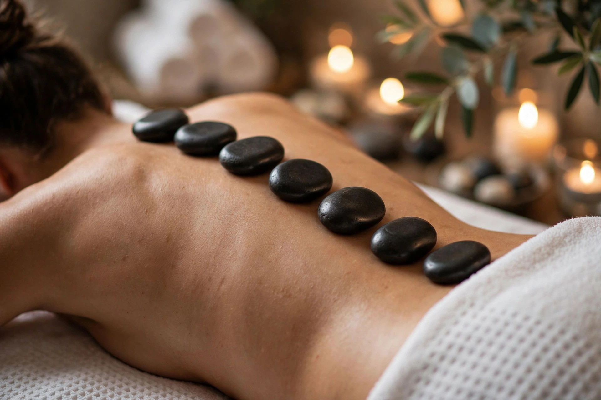 Smooth hot stones arranged along a back during a massage in warm candlelight