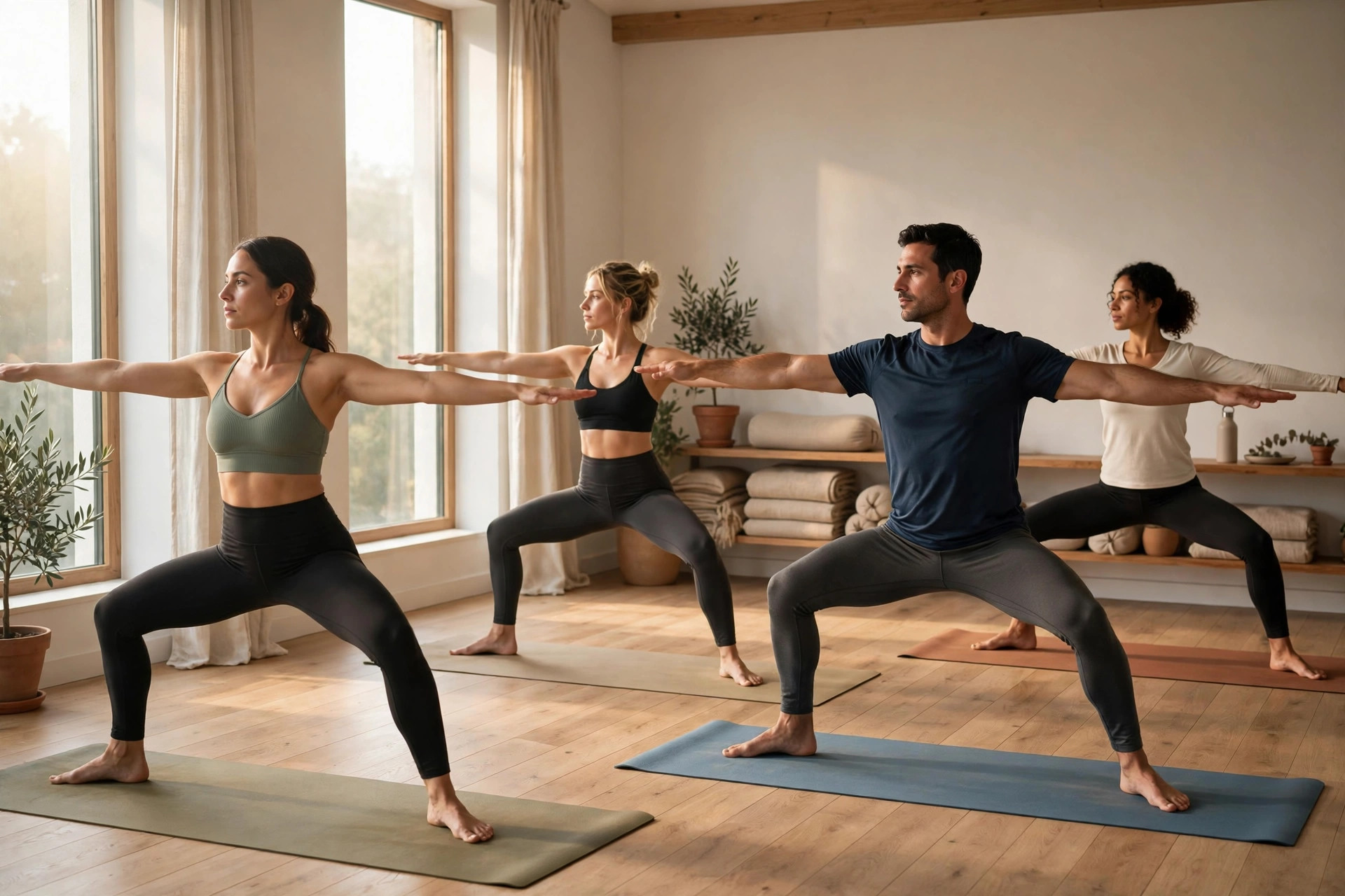 A small yoga class practicing warrior two pose in a warm minimalist studio